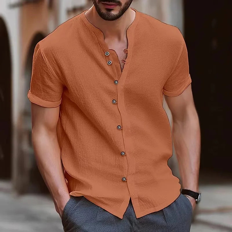 Hehope Summer Men's Casual Cotton Linen Shirt New Henley Collar Short Sleeve Button Loose Hawaii Top Solid Color Handsome Male Shirt