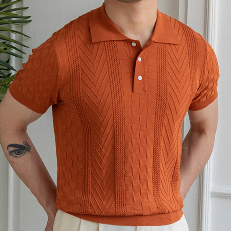 Hehope Summer Jacquard Pattern Lapel Neck Men's Solid Color Short-sleeved T-shirt British Slim Lapel Knitted Striped Casual  Polo Shirt