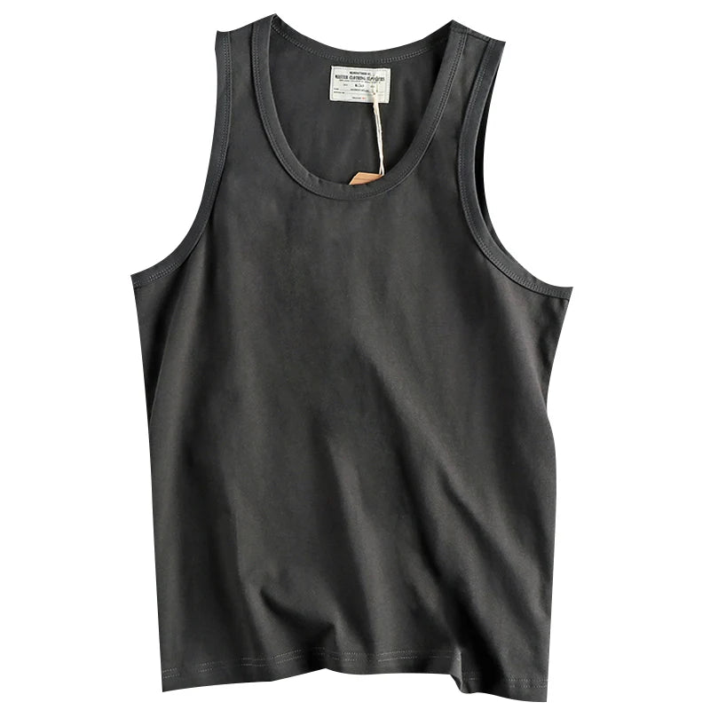 Hehope Summer New American Retro Sleeveless O-neck Soild Color T-shirt Men's Fashion 100% Cotton Washed Old Casual Sports Vest Tops