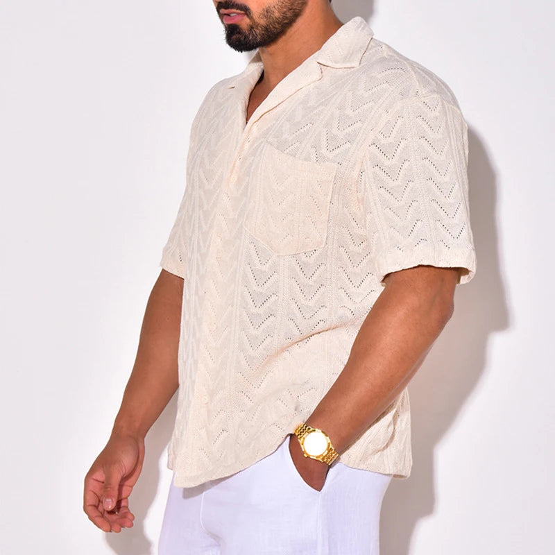 Hehope Summer Trendy Breathable Knit Mens Shirt Short Sleeve Lapel Buttoned Knitted Tops Beach Style Vintage Jacquard Crochet Knitwear