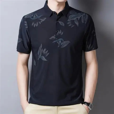 Hehope Summer New Short Sleeve Polo Shirts Man Turn-down Collar Button Fashion Printing Ice Silk Fabric Pullovers Casual Tops