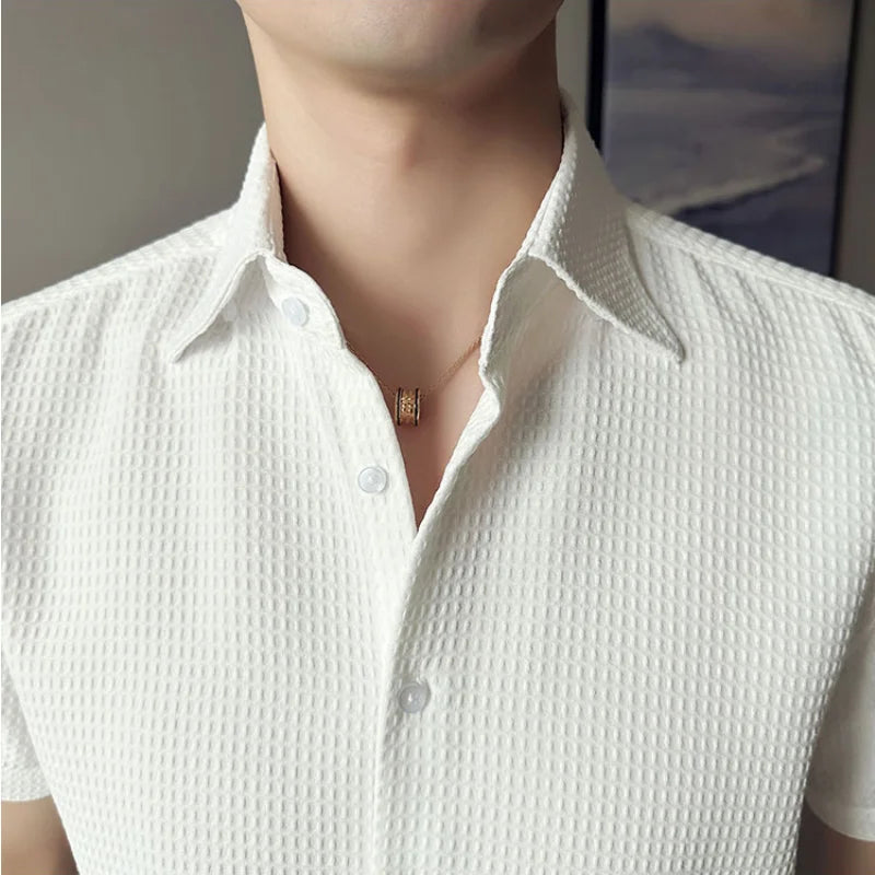 Hehope Summer Waffle Short Sleeved Shirt Men Fashion Casual Solid Color Lapel Loose Shirt Male Korean Social Business Dress Blouse