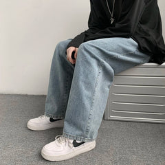 Hehope Men Baggy Jeans 2024 Spring Autumn Mid Drawstring Loose Wide Leg Denim Jeans Fashion Solid Color Casual Youth Jeans Men