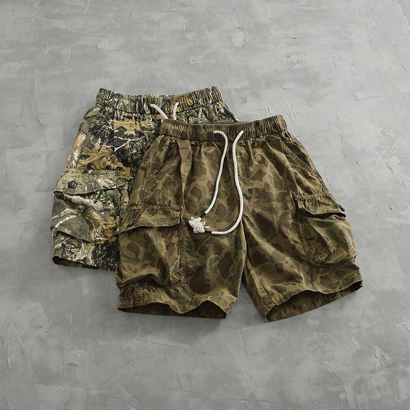 Hehope Vintage De Spot Camouflage Cargo Shorts Men's Loose Straight Leg Summer New Multi-pocket Quarter Pants Casual Pants Trend