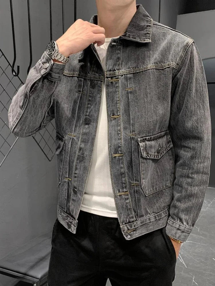 Hehope Male Jean Coats Gray Button Men's Denim Jacket Slim Fit Clothing Original Size L Korean Popular Clothes Winter Outerwear Trendy