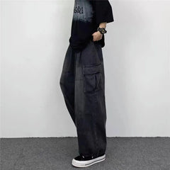 Hehope Spring And Autumn Vintage Wide Leg Big Pocket Overalls Men Y2K Neutral Loose Straight Leg Casual High Street Hip Hop Jeans