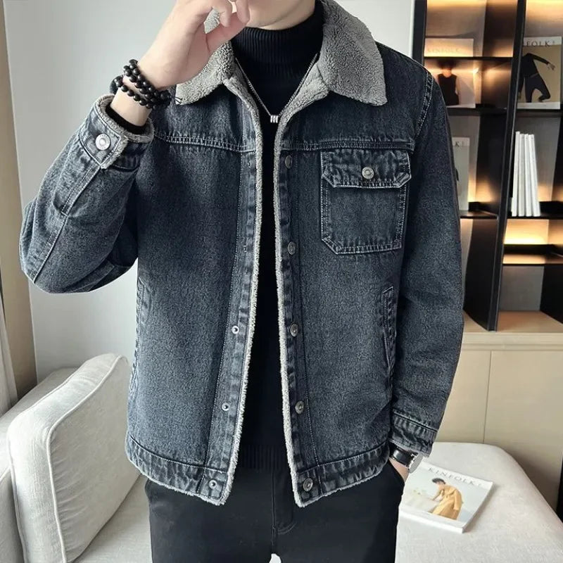 Hehope Denim Jackets Man Cargo Padded Gray Padding Wool Jeans Coat for Men Warm with Sheep of Fabric Korean Popular Clothes Washed Worn