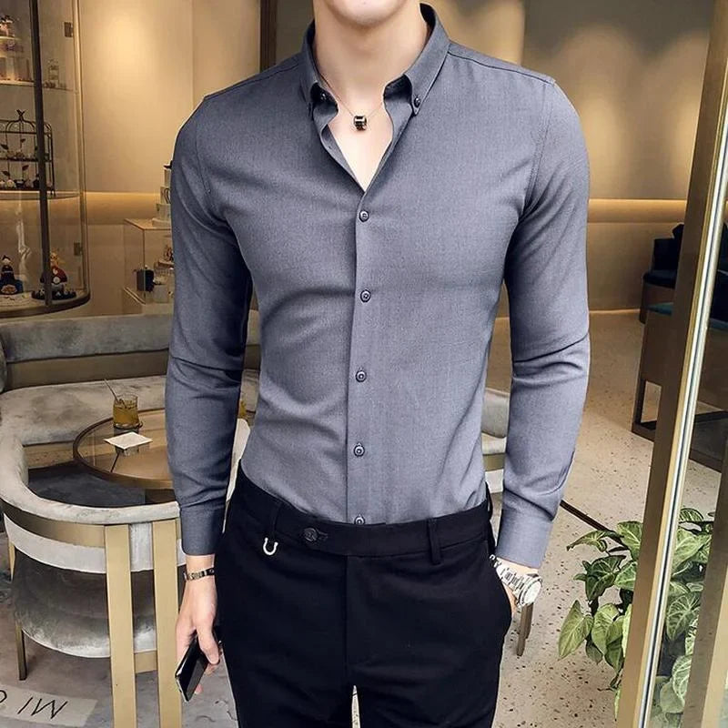 Hehope Mens Exquisite Solid Color Shirt Yingya Gentleman Style Youth High-quality Long-sleeved Business Men's Casual Slim-fit Shirt