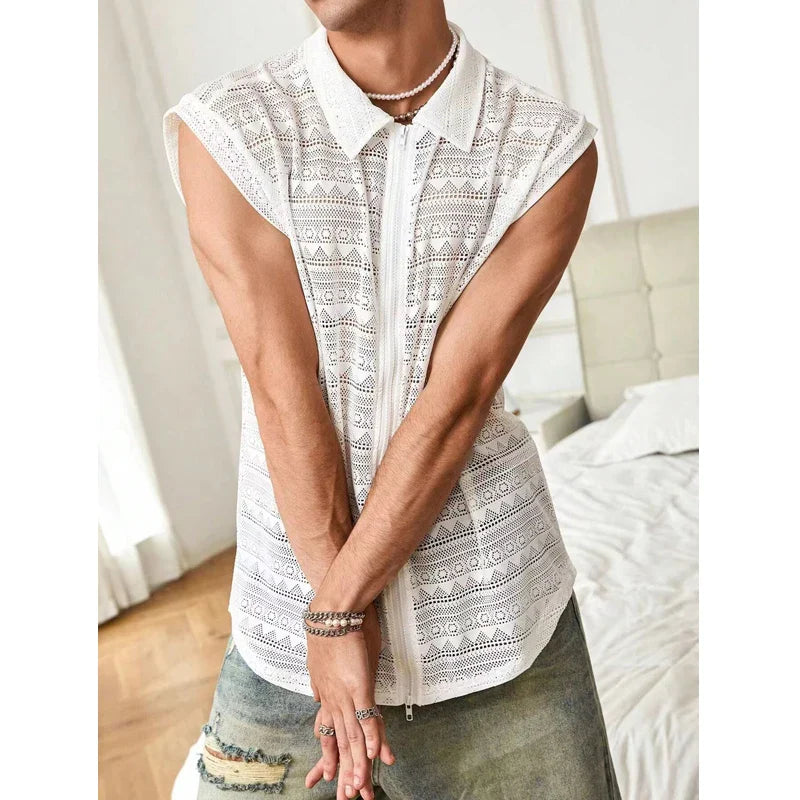 Hehope Men's Mesh Sleeveless Lace Shirt Summer New Fashion Loose Perspective Casual Sexy Zipper Tank Top Men Nightclub Tees Shirt