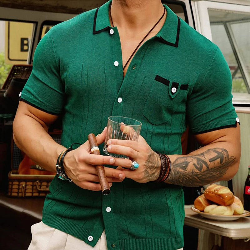 Hehope 2024 Summer Breathable Casual Knitwear Mens Shirts Short-sleeved Buttoned Lapel Slim Knit Shirt For Men Vintage Pockets Cardigan