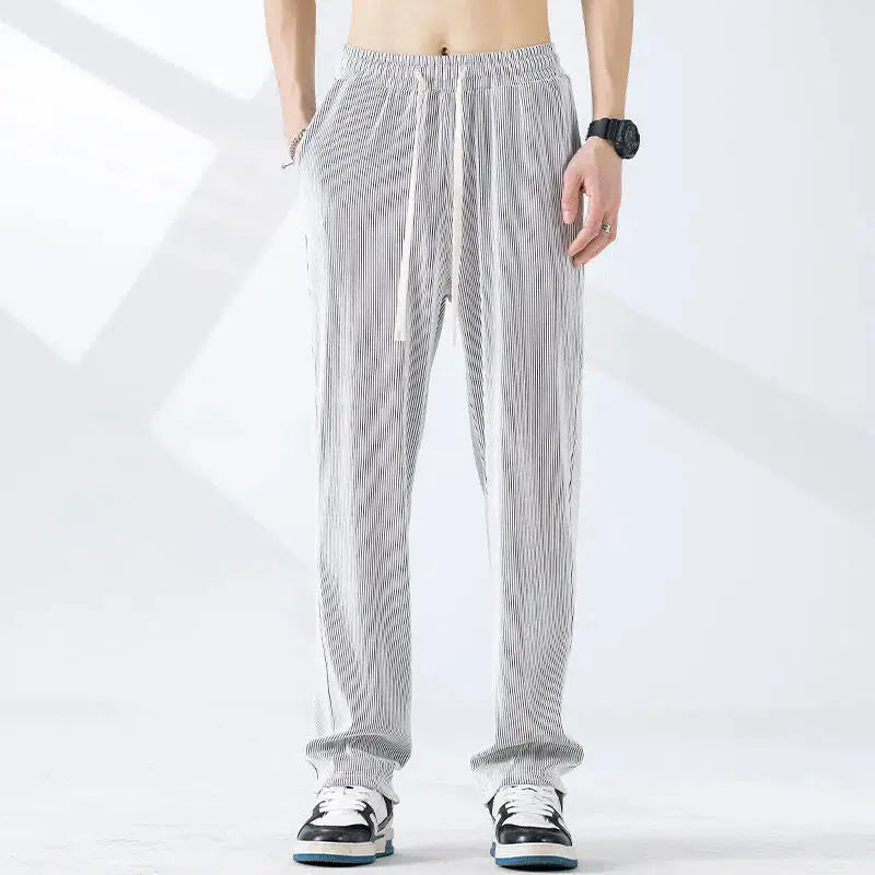 Hehope Summer Thin Trendy Loose Ice Silk Casual Straight Sports Pants Men's Solid Elastic Waist Pockets Drawstring Wide Leg Trousers