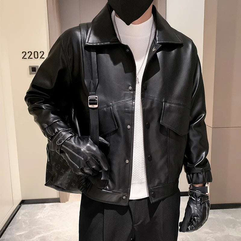 Hehope Black White PU Jackets Men Spring Autumn Leather Jacket Coat Male Fashion Casual Motor Biker PU Leather Coat Big Size 3XL-M