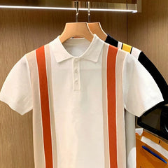 Hehope High Quality Knit Slim Polo Shirt Mens Vintage Striped Embroidery Knitted Tops Summer Casual Turn-down Collar Short Sleeve Polo