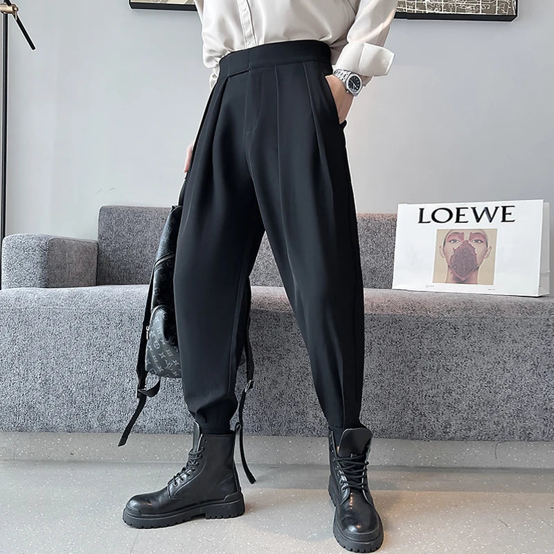 Hehope Spring Summer Mens Fashion Harem Pants Ankle Length Elastic Waist Tapered Pleated Joggers Man Black White Casual Suit Trousers