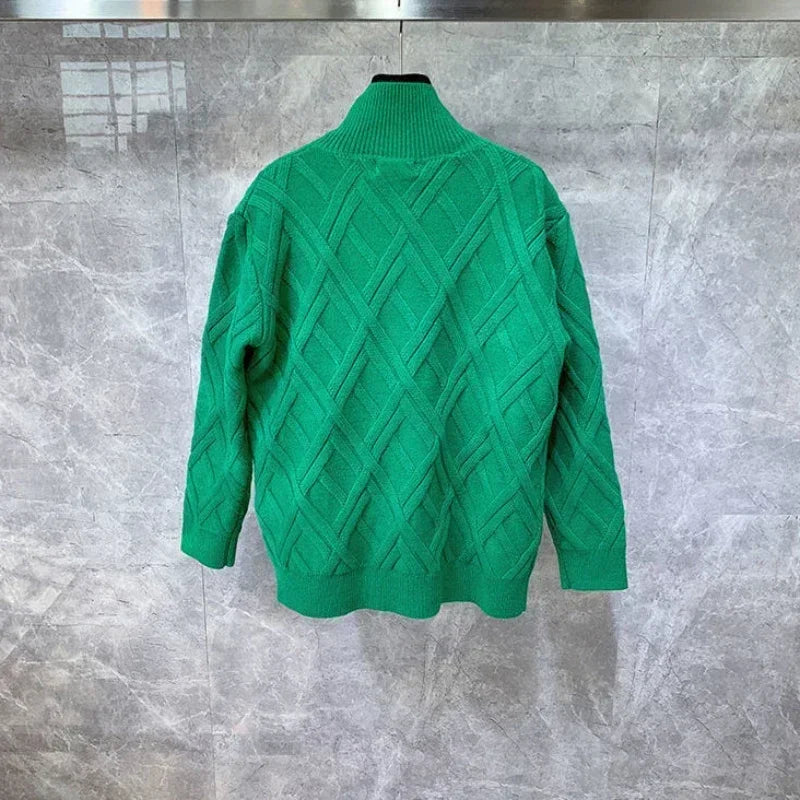 Hehope Knit Sweater Male Solid Color Cardigan Collared Men's Clothing Argyle Plaid Green Plain Cotton Korean Fashion Sweat-shirt Cheap