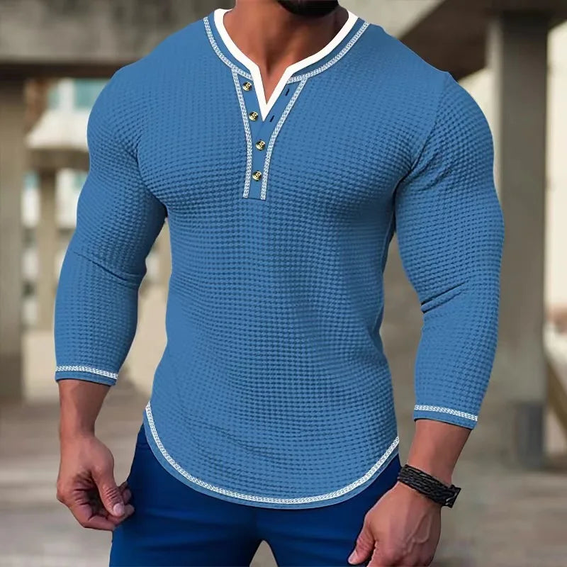 Hehope Men's Waffle Henry Neck Button T-shirt Tops Vacation Long Sleeve Casual Fashion Patchwork Color Slim Fit Muscle Men Tshirts