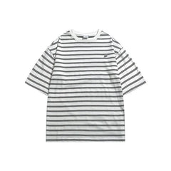 Hehope Summer Striped Short Sleeved New Japanese Casual Cotton Loose Striped Printed Round Neck Regular Pullover T-Shirt