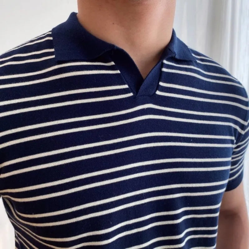 Hehope Mature Men Clothing Summer New V-neck Striped Polo Shirt for Men Short Sleeve Trend Simple Fashion Lapel T-shirt Polo Shirts