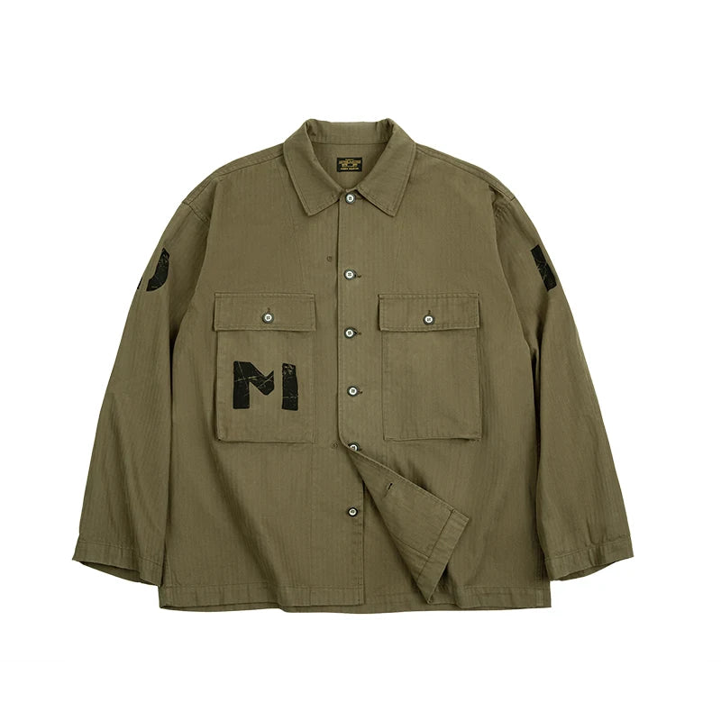 Hehope Military Vintage Shirt Jackets for Men Loose Herringbone Cotton Army Letters Graffiti Jacket  Amekaji Tactical Outerwear