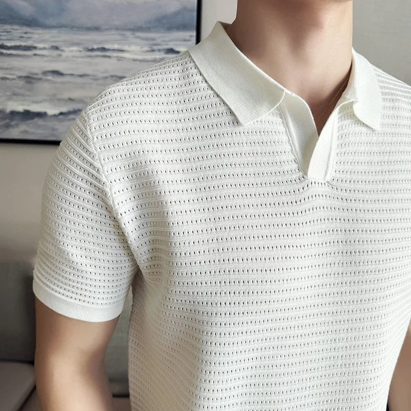 Hehope Men's Polo Shirt 2024 Summer New Thin Knitted Hollow Striped Jacquard Solid Short Sleeved V-neck T-shirt Casual Men's Clothing