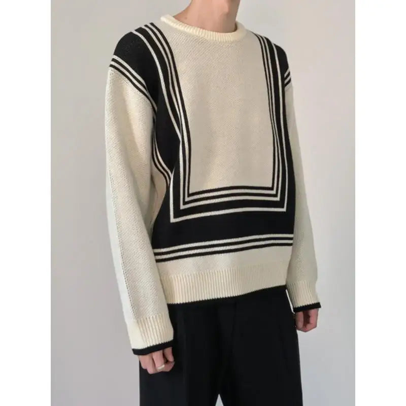 Hehope Autumn Winter Striped Knit Sweater for Men Thickened Knitted Sweater Loose Pullover Round Neck Jumper Mens Clothing