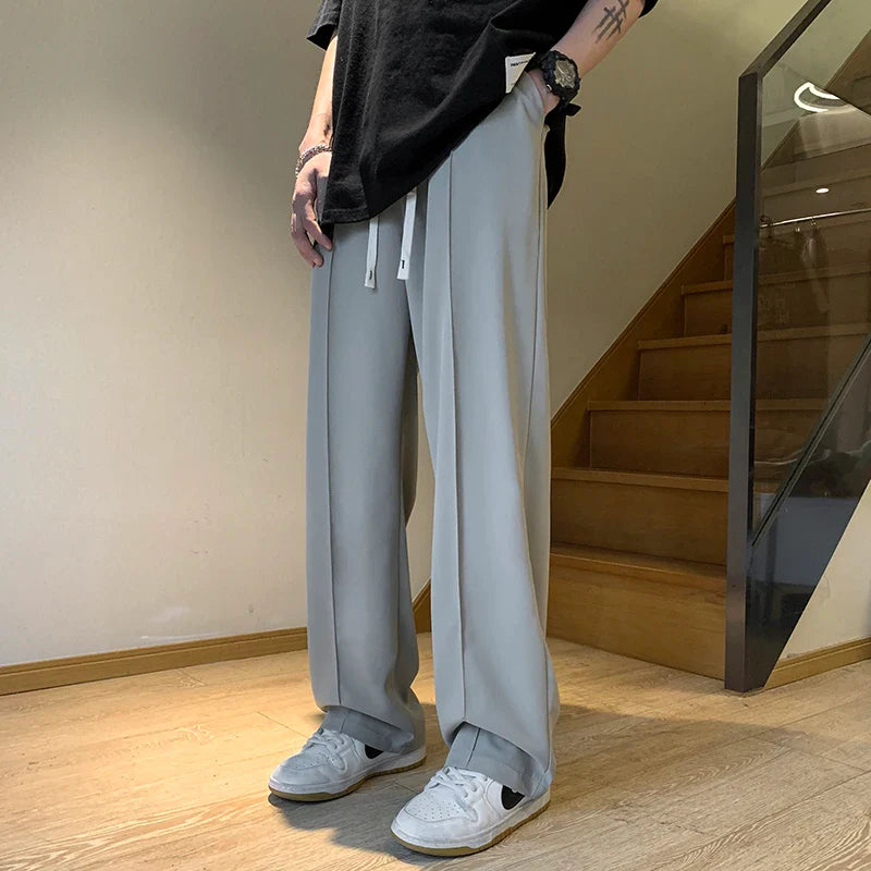 Hehope Gray/Black Spring Summer Ice Silk Straight Pants Men's Pleated Loose Casual Mopping Trousers Trend Daily Streetwear Harem Pants