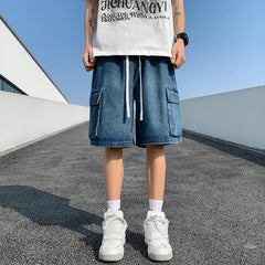 Hehope Korean Summer Men's Wide Leg Denim Shorts New Fashion Loose Casual Elastic Waist Large Pocket Work Shorts Men's Brand Clothing