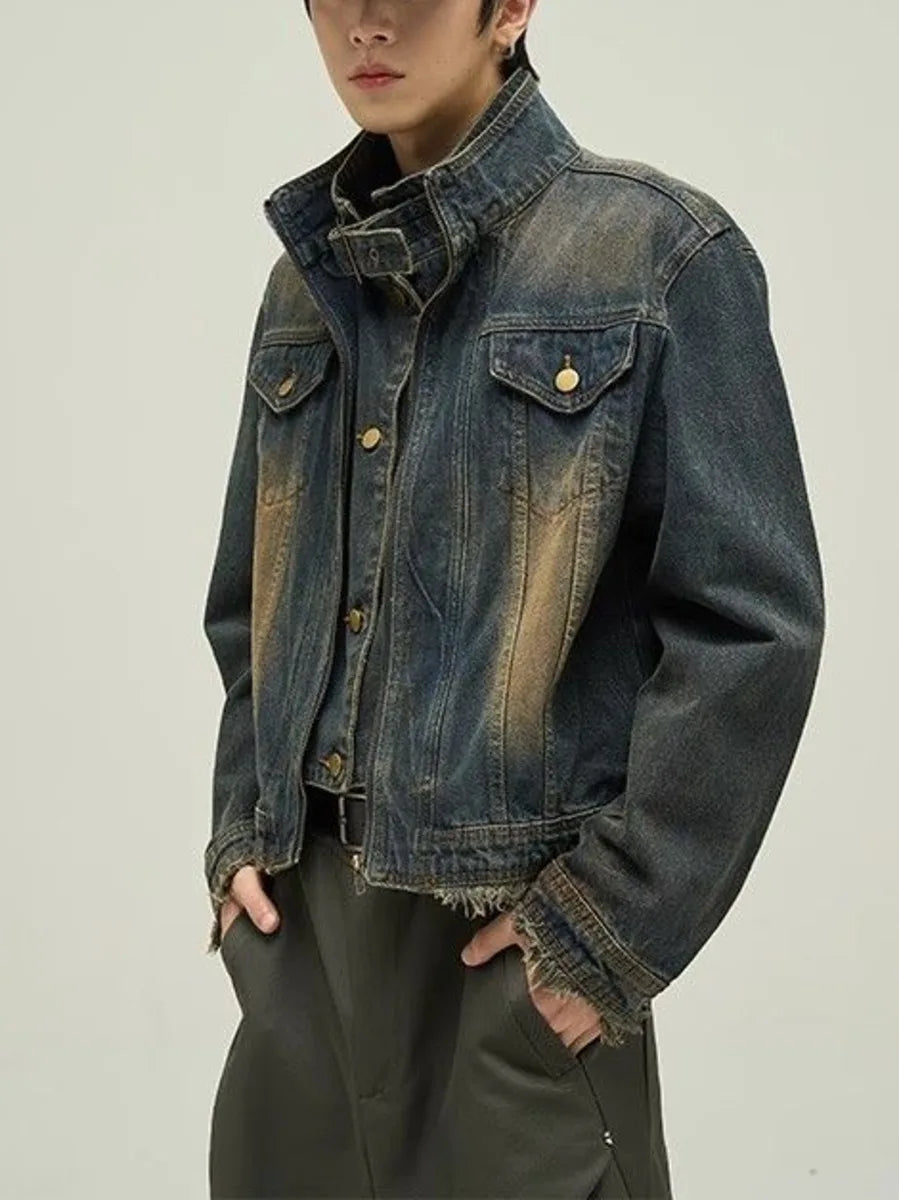 Hehope Vintage Denim Jacket Man Woman Short Zipper Single Breasted Cowboy Crop Coats Blue Washed Stand Collar Unisex Jeans Outerwear