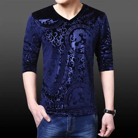 Hehope New Men's Clothing Shirt V-Neck Long Sleeve Spring Autumn Slim Fashion Casual Bold All-match Comfortable Pullovers