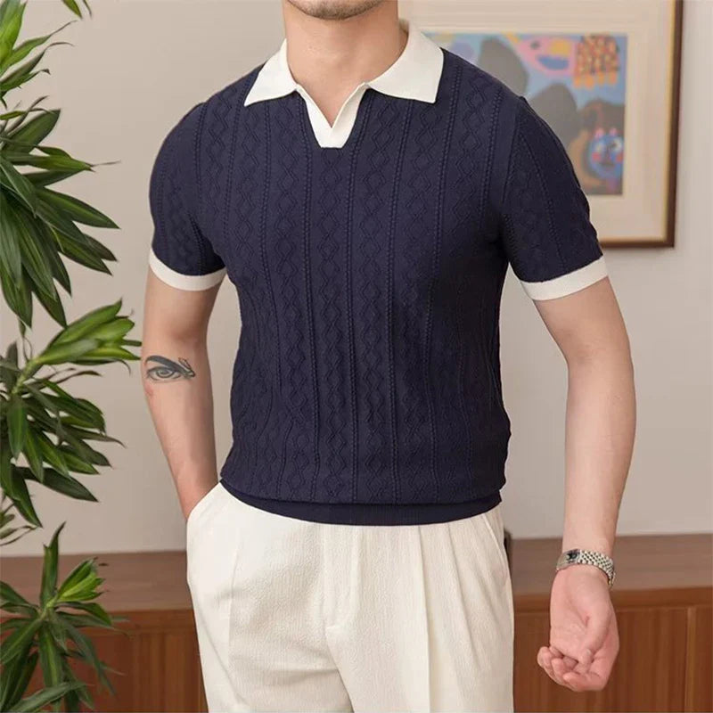 Hehope Summer Fashion Men Short Sleeve Slim Polo Shirt Vintage Patchwork Knitted Polos Men Clothing Male Casual V-Neck Lapel Pullover