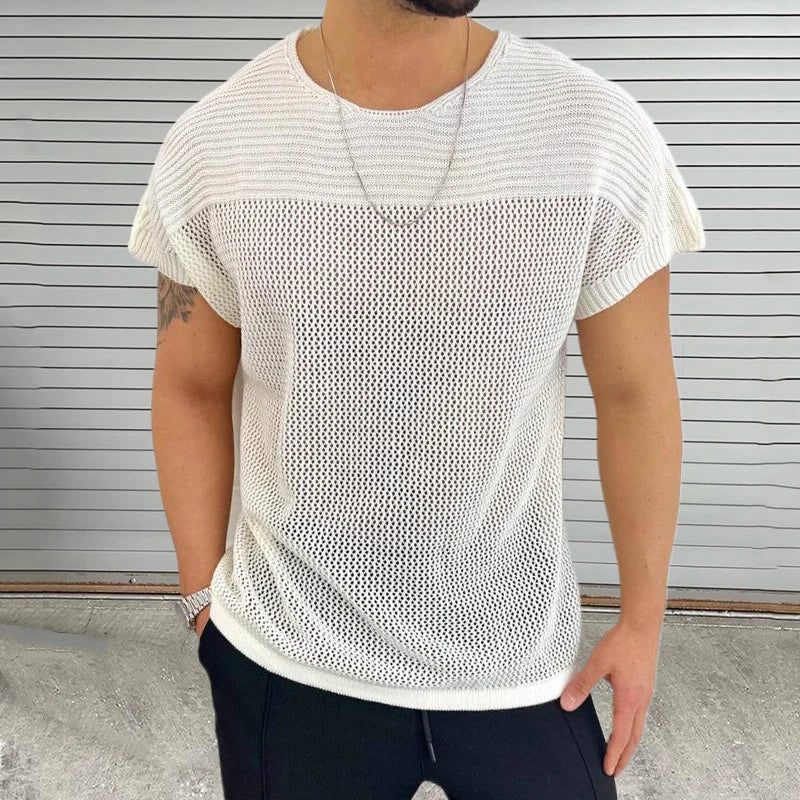 Hehope Knitting Hollow Out Breathable Thin T Shirt Mens Summer Fashion Pure Color Knitted T-shirts Men Casual O Neck Short Sleeve Tops