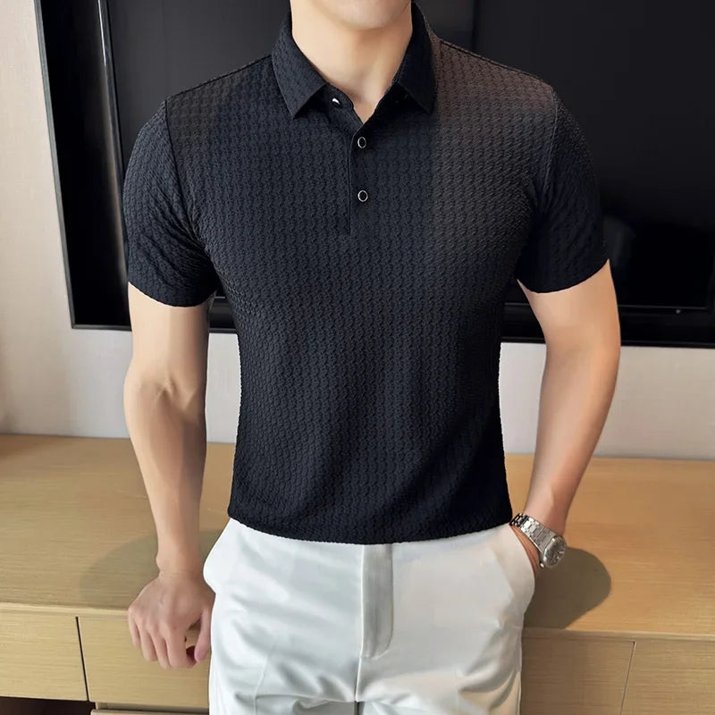 Hehope High Elasticity Men Polo Shirt 2024 Summer New Ice Silk Waffle Solid Color Short Sleeved Casual Lapel T-shirt Men Clothing