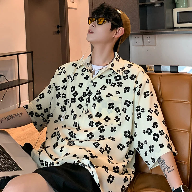 Hehope Korean Fashion Leopard Print Ice Silk Short Sleeve Shirt Men Summer Streetwear Hip Pop Loose Half Sleeve Floral Mens Shirts