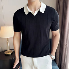 Hehope Korean Style Mens Knitted Polos Shirts Fake Two Piece Contrast Collar Striped Summer Short Sleeve Casual Slim Fit Tops Tees Man