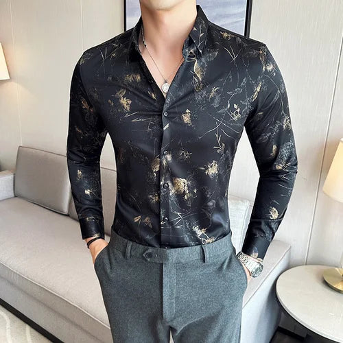 Hehope Luxury Gold Silk Printed Shirt Men Fashion Slim Fit Long Sleeved Casual Shirts Business Social Formal Dress Shirts Men Clothing