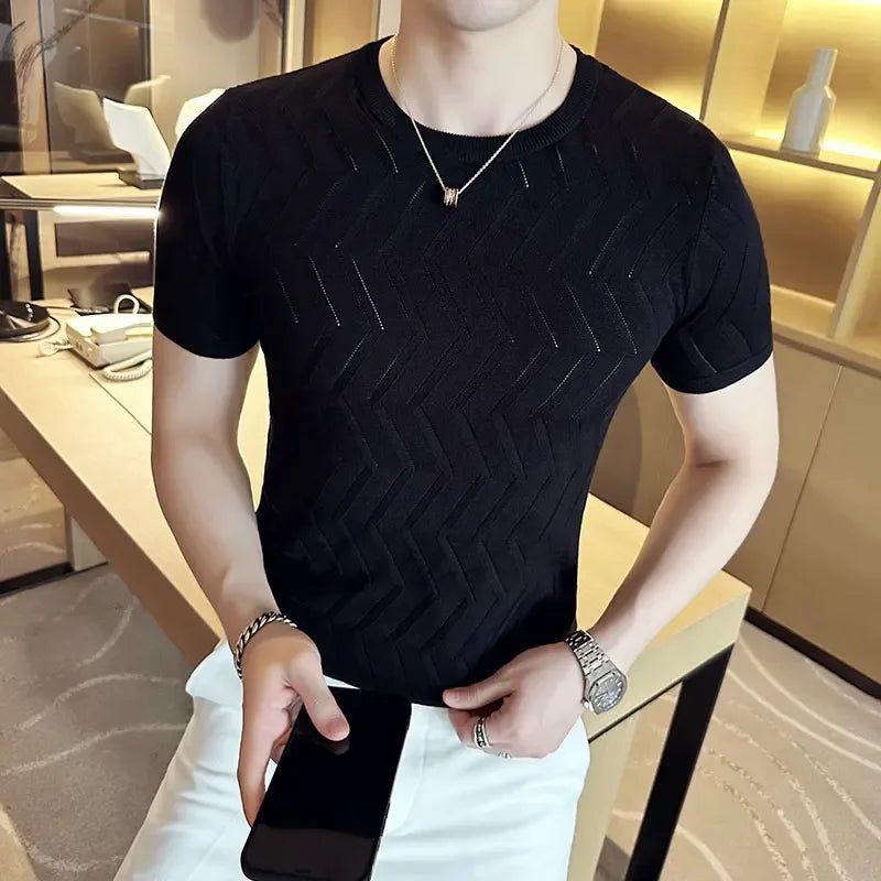 Hehope Men's Short Sleeve T-shirt Summer Thin High Elastic Slim Fit Knit Tee Shirts Tops O Neck  Solid Casual Fashion Men Clothing