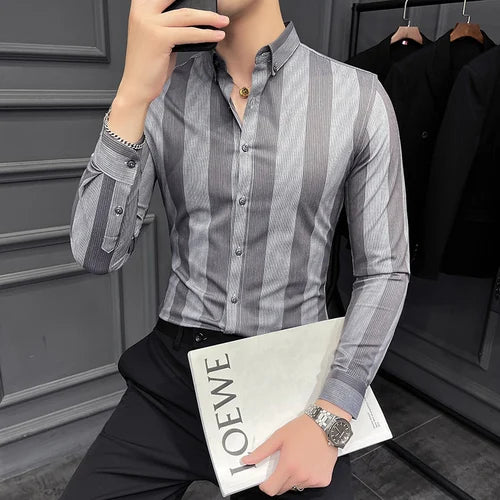 Hehope Autumn New Striped Long Sleeve Shirt Men's Korean Slim Business Dress Shirts Casual Streetwear Social Party Tuxedo Chemise Homme