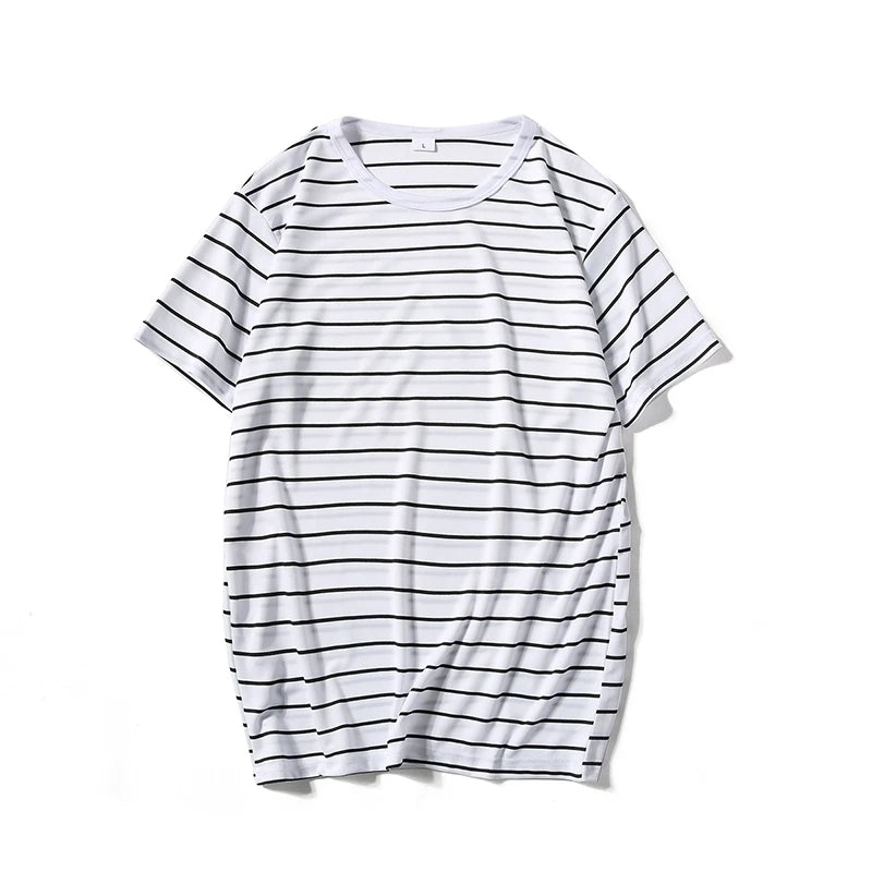 Hehope Fashion Summer Black and White Striped Short Sleeve Shirt Men Streetwear Vintage Basic O-neck T Shirt Men Tees