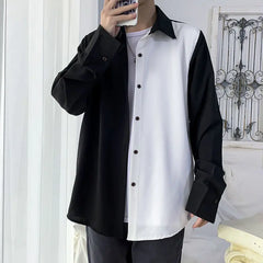 Hehope 2024 Spring and Autumn Korean Edition Trendy Black and White Spliced Korean Style Elegance High Grade Long Sleeved Shirt for Men