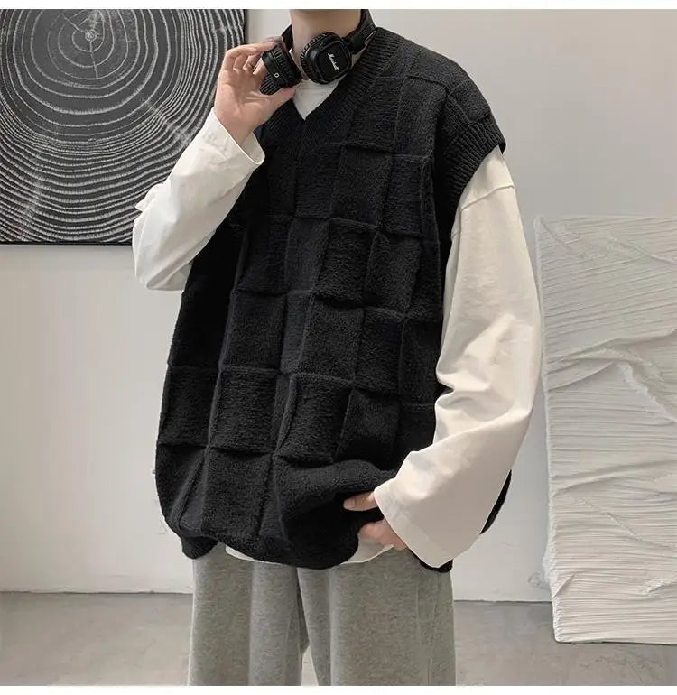 Hehope Spring Autumn Fashion Solid Casual Pullover Tess Vest Men Loose Knitted Top Student Preppy Style Sweater Gentle Retro Patchwork