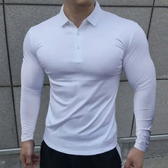 Hehope Korean Autumn Casual Fitness Polo Shirt Men Solid Button Slim Elastic Versatile Sports Breathable Quick Drying Long Sleeved Tops