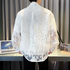 Hehope Summer Fashion White Mesh Shirt  Men Transparent Printing Casual Loose Long Sleeve Tops Streetwear Lapel Party Clubwear Tops