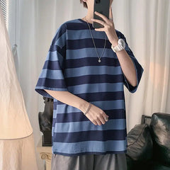 Hehope Printing Round Neck Spring Summer T-Shirts Simplicity Striped Handsome Short Sleeve Pullovers Loose Streetwear Men's Clothing