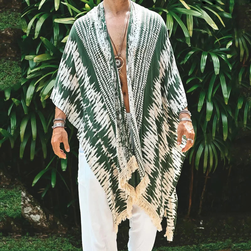 Hehope Men's Long Cardigan Hollowed Out Beach Holiday Long Cardigan Spring/Summer Thin Men's Sun Protection Shirt Fringe Long Cardigan