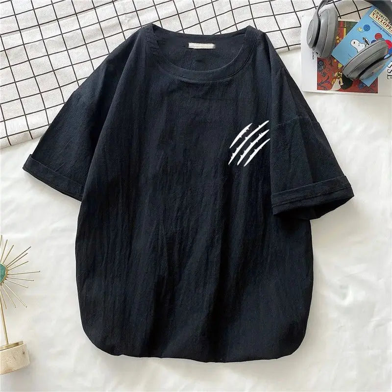 Hehope 2024 New Summer Fashion Versatile Simple Casual Loose Oversized Round Neck Printed Linen Short Sleeved T-shirt Couple Top