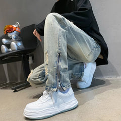 Hehope New Fashion Male High Quality Light Blue Casual Retro Ripped Jeans Men High Street Zipper Cotton Denim Trousers S-3XL