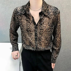 Hehope Mens Sexy Leopard Print Mesh See-Through Ice Silk Shirt Autumn Genderless Fashion Youth Nightclub Breathable Hollow Top Unisex