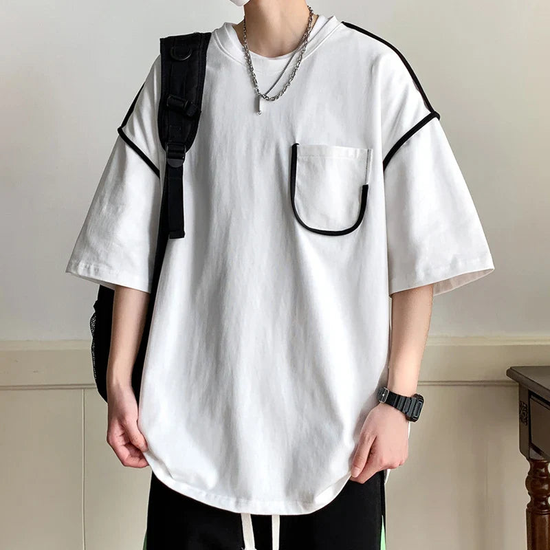 Hehope Summer Men's New Fashion T-shirts Round Neck Half Sleeve Pockets Young Hong Kong Style All-match Daily Loose Casual Tops