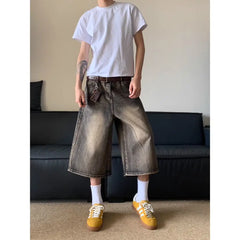 Hehope American Retro Cropped Men Wide Leg Jeans Y2k Gothic Washed Loose Straight Casual Couple Shorts Sweatpants