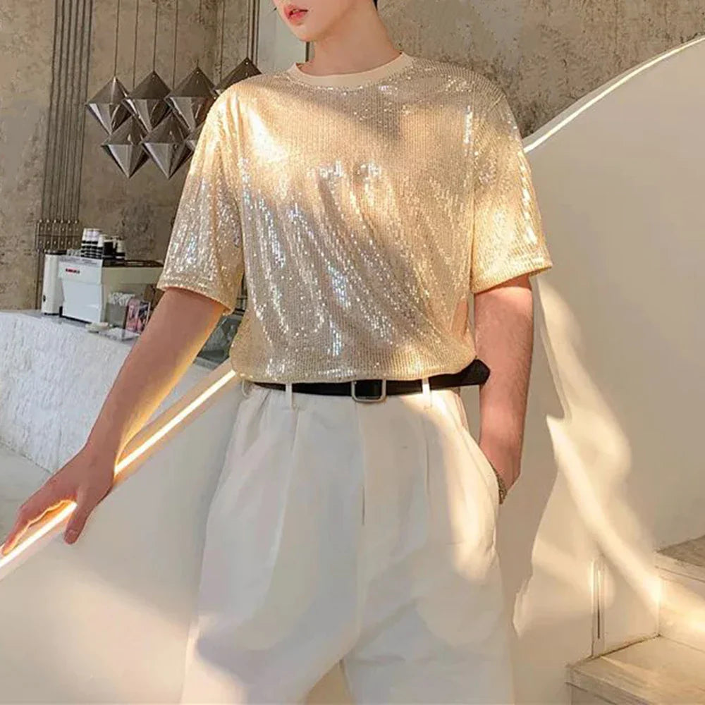 Hehope Mens Sequin Casual T-shirt Genderless 2024 New Fashion Nightclub Personality Versatile Performance Short-sleeved Top Unisex